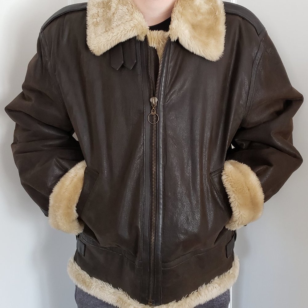 XOXO Women's leather flight-jacket style coat, faux shearling, Large, pre-owned